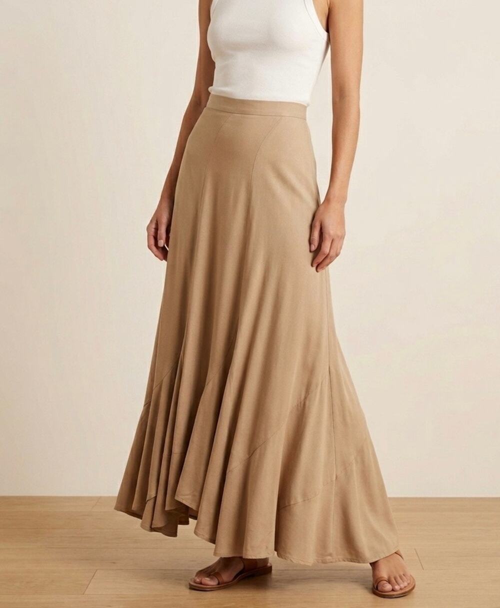 Karen Zambos Vintage Couture Tan Boho Maxi Skirt Flowy Rayon Size Medium